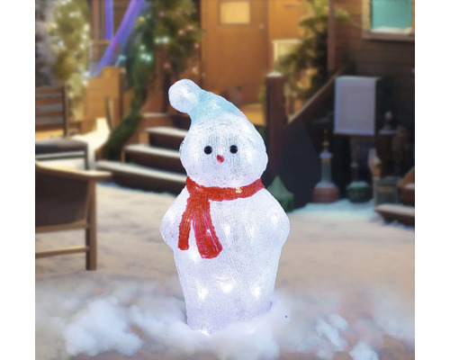 Decoratieve sneeuwpop met verlichting en rode sjaal voor buiten