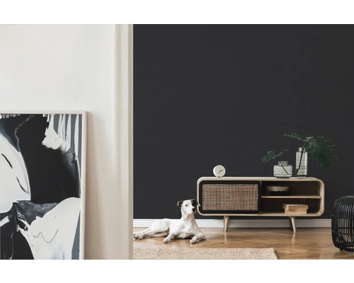 Woonkamer met dressoir, decoratie, vloerkleed en hond op de vloer