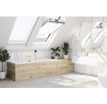 Badkamer met ligbad, dakramen, spiegel en planten