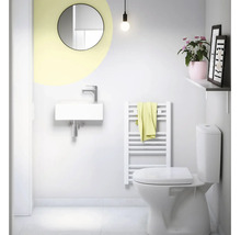 Badkamer met wastafel, spiegel, radiator, toilet en decoratie