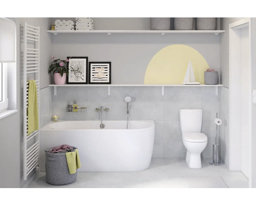 Badkamer met bad, toilet, verwarming en planken