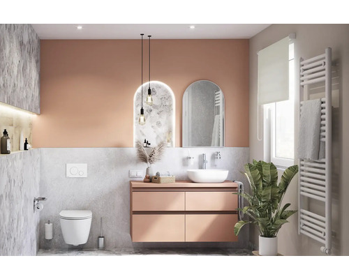 Moderne badkamer met wastafelonderkast, spiegelkast, toilet en radiator