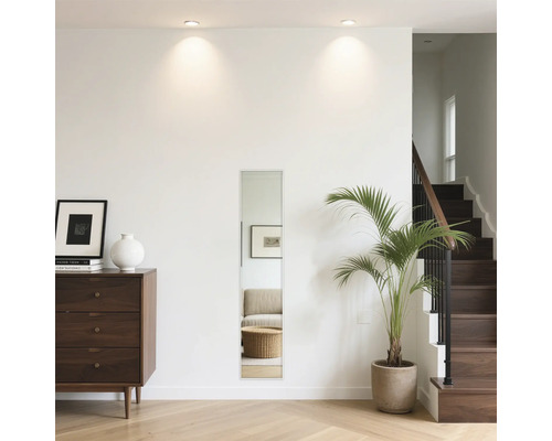 Interieur met ladekast, spiegel, kamerplant en trap