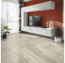 Woonkamer met vloertegels, witte wandmeubel en kamerplanten