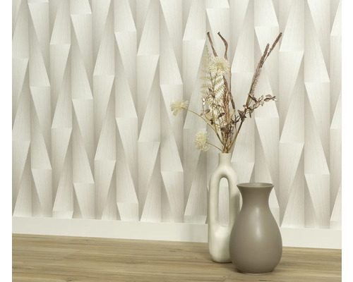 Kamerzicht met driedimensionaal behang en decoratieve vazen