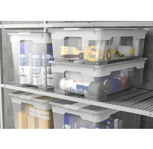 Meerdere doorzichtige kunststof boxen met deksel staan in een rek.