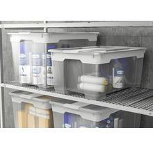 Meerdere doorzichtige opbergdozen met deksel op een plank.