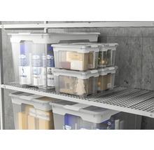 Foto van transparante opbergdozen met deksels op planken.