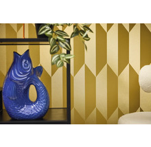 Kameroverzicht met geometrisch behang en decoratieve visvaas