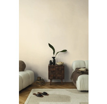 Woonkamer met vloerkleed, bank en houten kast