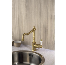 Messing keukenkraan met witte handgreep naast een gootsteen