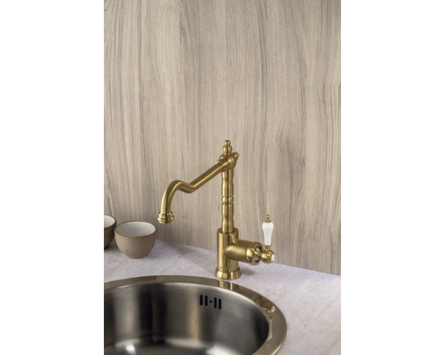 Messing keukenkraan met witte handgreep naast een gootsteen