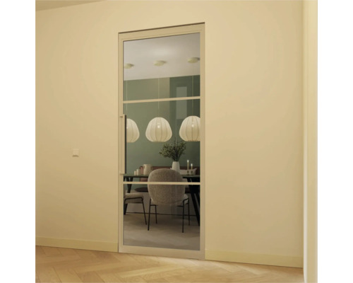 Glazen deur met frame en zicht op een eetgedeelte.