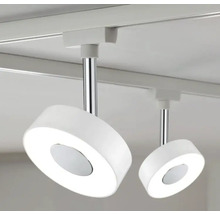 Twee ronde, witte LED-spots zijn bevestigd aan een rail