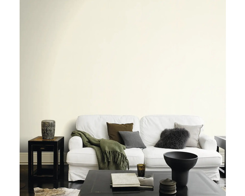 Woonkamer met bank, tafel en decoratieve elementen voor een geschilderde muur.