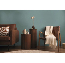 Woonkamer met bruine leren bank, houten tafel, rotan stoel en decoratie