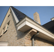Buitenkant van een huis met dakgoot, bakstenen muur en schoorsteen