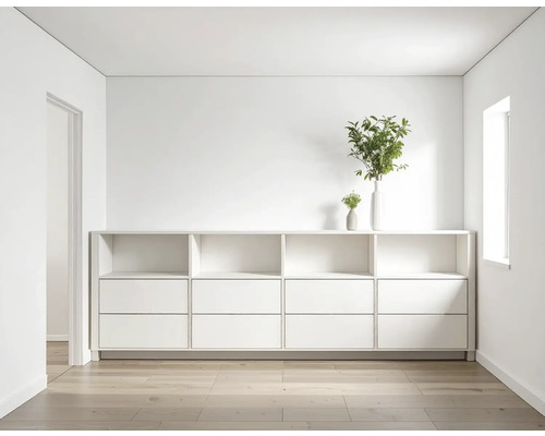 Wit rek met lades en open vakken in een lichte kamer