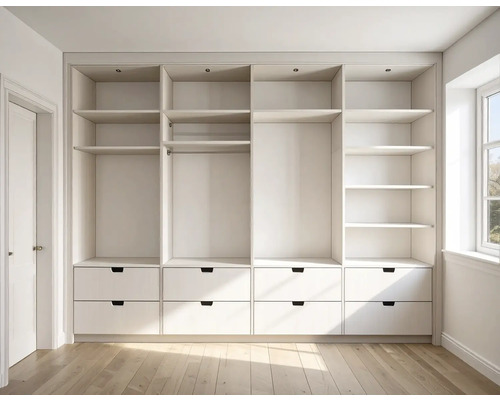 Inbouwkast met laden en open planken in een lichte kamer