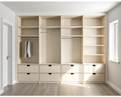 Lichte, ruime inbouwkast met planken en lades voor slaapkameropslag.