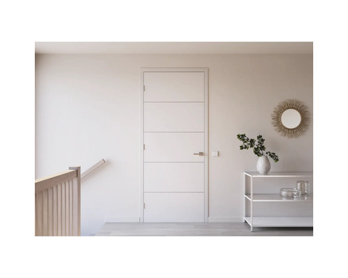 Witte binnendeur met vijf horizontale panelen in een lichte ruimte