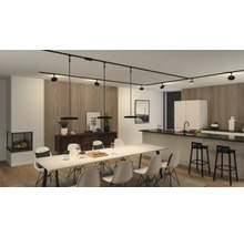 Woonkamer met eettafel, stoelen, kitchenette en zwart railsysteem met spots en hanglampen