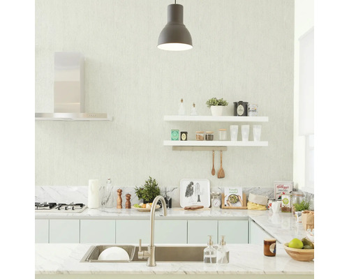 Lichte keuken met spoelbak, rekken en afzuigkap voor een overzichtelijke sfeer.