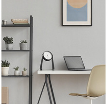 Interieurscène met bureau, tafelklok, rek en kamerplanten