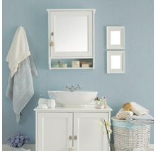 Lichte badkamer met wastafel, spiegel, kast en handdoeken voor een schone en georganiseerde sfeer.