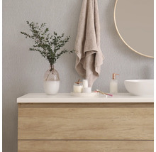 Badkamermeubel met wastafel, spiegel, handdoek en decoraties