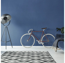 Woonkamer met staande lamp, fiets en vloerkleed in grafisch design