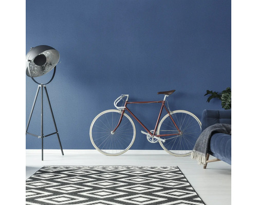 Woonkamer met staande lamp, fiets en vloerkleed in grafisch design