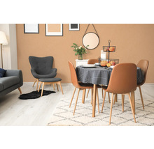 Lichte eetkamer met eettafel, stoelen, tapijt en decoratieve elementen.