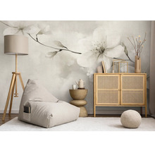 Woonkamer met bloemen fotobehang, vloerlamp, zitzak en dressoir