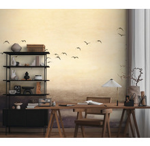 Studeerkamer met bureau, plank en vogelbehang