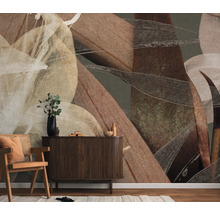 Kamerontwerp met een abstract, organisch fotobehang, aangevuld met een houten kast en een rotan stoel