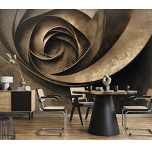 Eetkamer met eettafel, stoelen, dressoir en behang met print