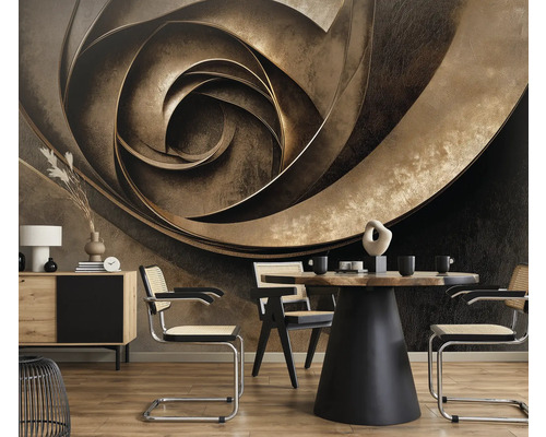 Eetkamer met eettafel, stoelen, dressoir en behang met print