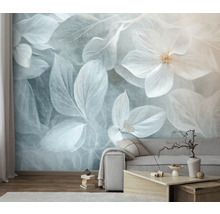 Woonkamer met fotobehang met bloemen- en bladerenmotief