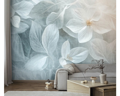 Woonkamer met fotobehang met bloemen- en bladerenmotief