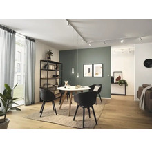 Lichte woonkamer met eettafel, stoelen, rekkensysteem en verlichting