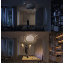 Vergelijkende afbeelding van een studeerkamer met plafondlamp, de ene keer met gedimd en de andere keer met helder licht.