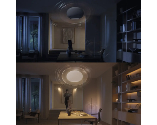 Vergelijkende afbeelding van een studeerkamer met plafondlamp, de ene keer met gedimd en de andere keer met helder licht.