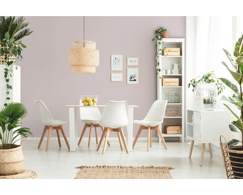 Lichte eetkamer met eettafel, stoelen, lamp en decoraties