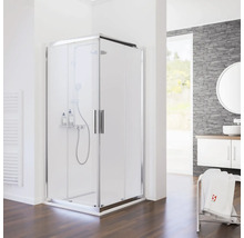 Moderne badkamer scène met douchecabine, wastafel en houten vloer