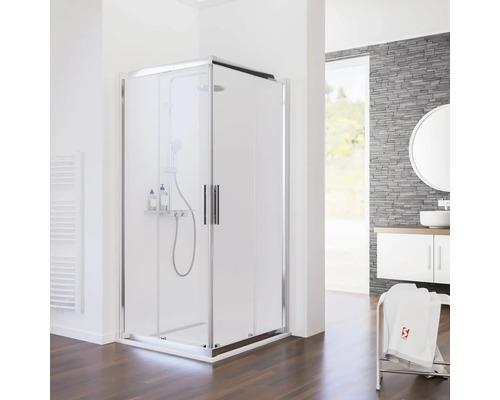 Moderne badkamer scène met douchecabine, wastafel en houten vloer