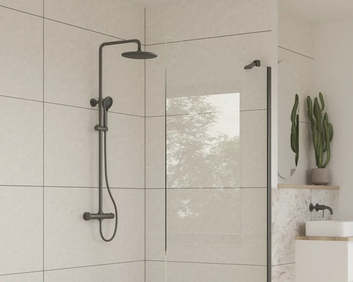 Badkamer met douchearmatuur en douchewand