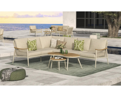 Loungegroep met hoekbank, salontafel en hocker voor buiten.