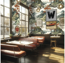 Interieur van een restaurant met banken, tafels en behang met landschapsmotief