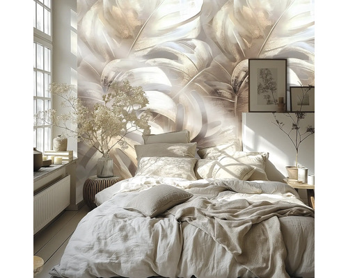 Slaapkamer met bed en fotobehang met bloemmotief